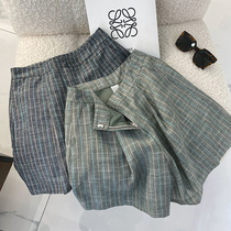 Breathable Drunk Comfortable Cotton Linen Plaid Shorts 21 Spring Summer New Loose High Waist Straight Drum Casual Mid Pants 50% Pants