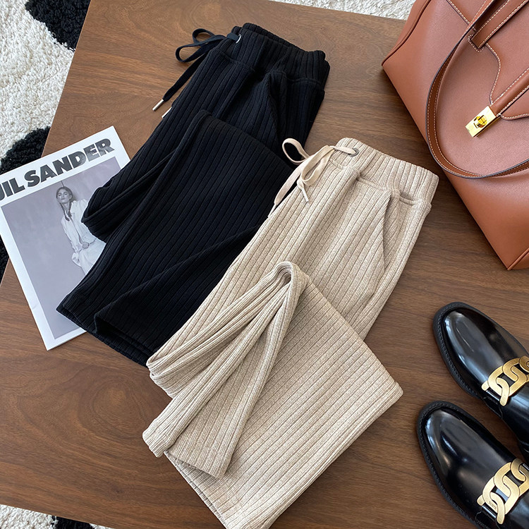 Walking with wind and high leg length elastic high waist all-match knitted wide-leg pants women's straight casual pants spring new