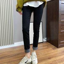 Patent triple warm velvet dark stretch plus velvet jeans women high waist straight tube thin 2021 autumn and winter New