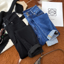 Turkish jeans autumn and winter thickened warm and slim high waist two buckles slim straight pants jeans womens pants