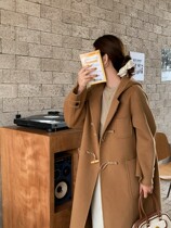 100% wool hooded double-sided hand-stitched wool coat fashionable East Gate loose long horn buckle coat