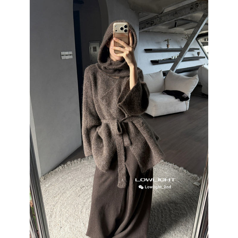 [in Stock] Unchatgris 26Aw Wool Hooded Scarf Sweater Jacket with Structured Decorative Wide-Leg Pants