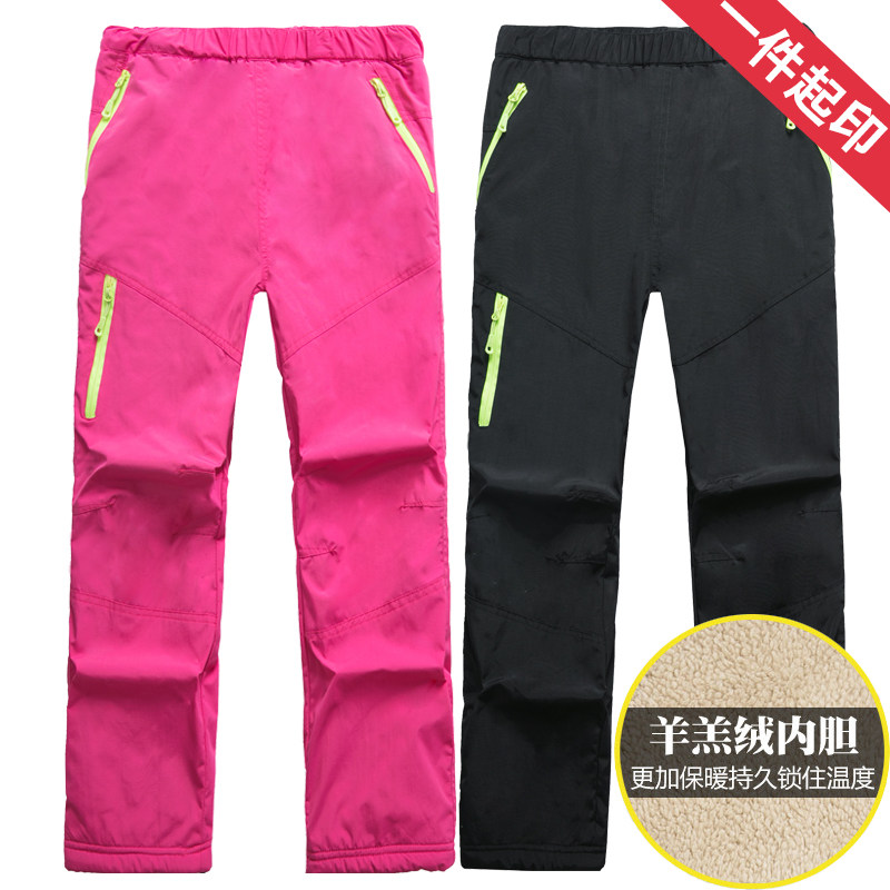 Charge pants for children autumn and winter with plush and thickened windproof and waterproof outdoor plush soft shell hiking and skiing pants