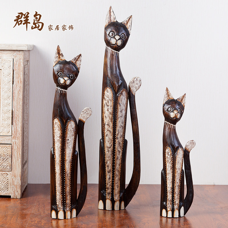 Bali Imported Solid Wood Carving Painted Cat Ornament Creative Home Soft Decoration Wooden Handicraft Gift