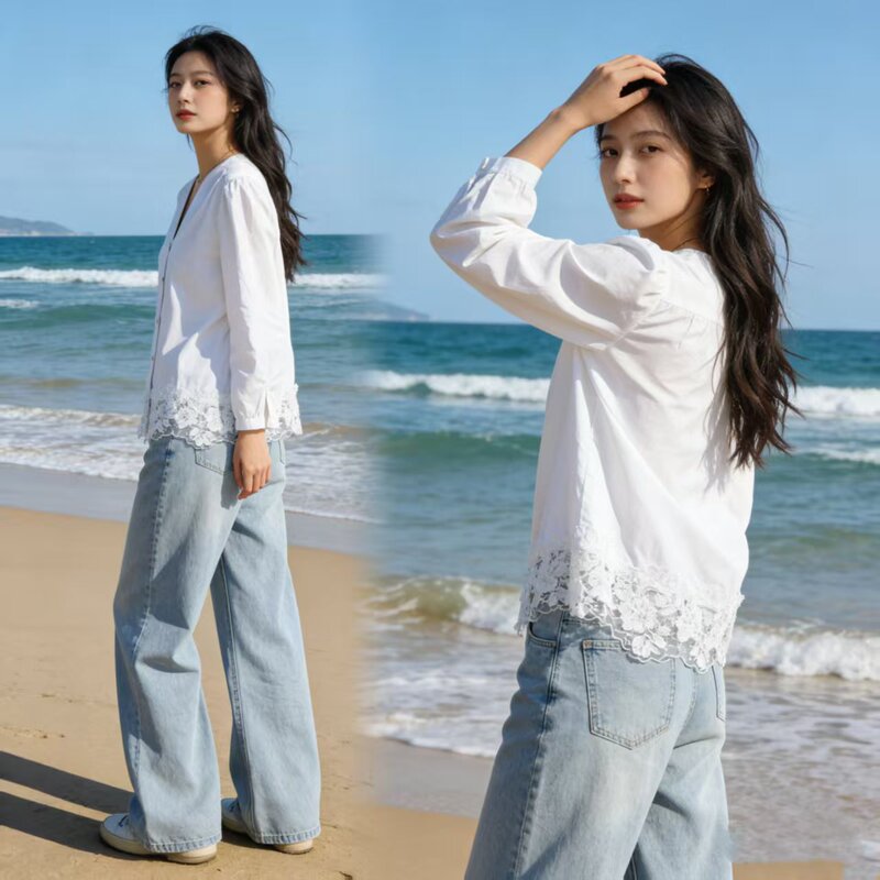 9219 French-Style High-End Mid-Sleeve Shirt for Women with Lace Trim at the Hem, Thin Top!