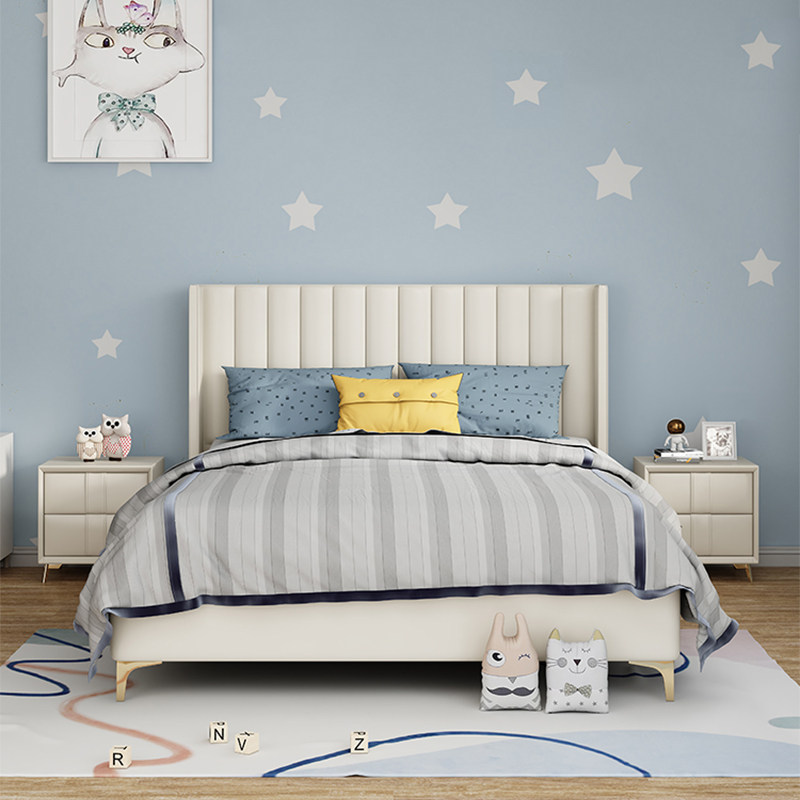 Light luxury leather bed modern simple side bed second bedroom small family size children's bed girl bed Princess bed