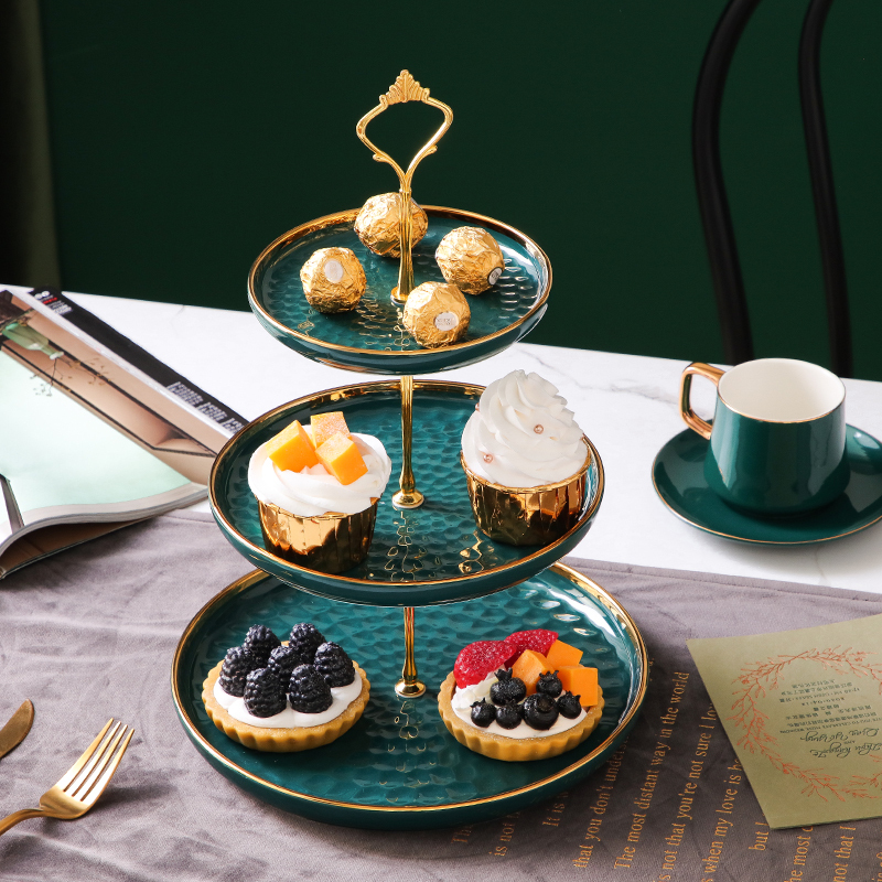 Nordic Light Luxury Style Ceramic Gold-Rimmed Tiered Plate Emerald Green Multi-Layer Fruit Dessert Stand Afternoon Tea Snack Cake