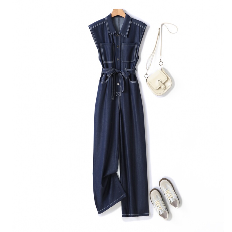 2026 Summer New High-End French-Style Tencel Denim Jumpsuit for Women, Elegant and Sophisticated Sleeveless Overalls