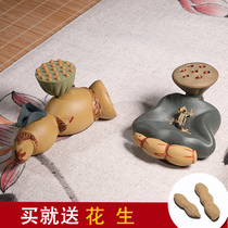 Purple sand handmade lotus root tea Pet tea Play frog shower sculpture Kung Fu tea set accessories Pen holder Pot cover bracket can be raised