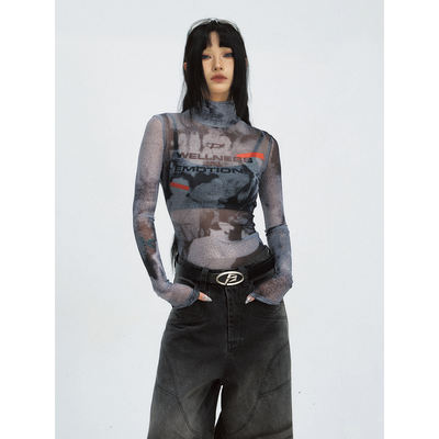 PEOPLESTYLE Hot Girl Sun Protection Slim long-sleeved T-shirt for women, semi-transparent inside with a thin mesh base layer top