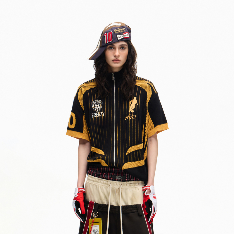 Peoplesense F1 Racing Element Football Style Yellow and Black Mesh Stand-Up Collar Zipper Knit Polo Shirt Short Sleeve