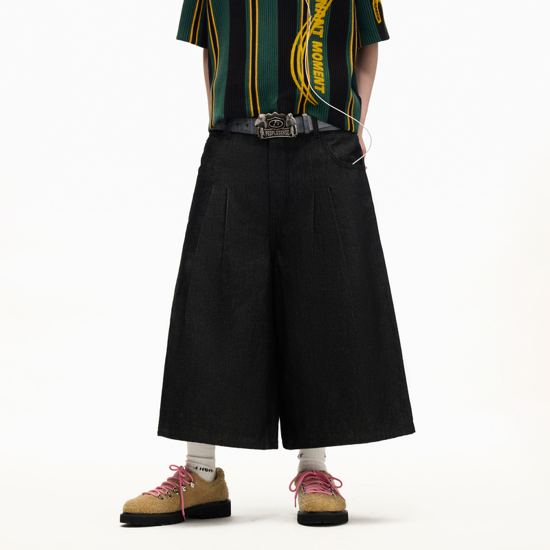 Peoplesense Stiff Raw Denim Cropped Pants with Pleated Design, Street-Style Loose Denim Shorts