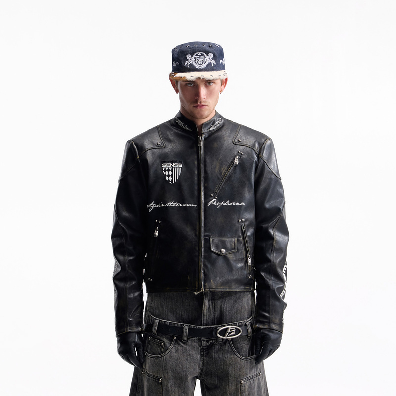Peoplesense Retro Racing Style Distressed Leather Jacket for Men with Antique Silver Studs and Japanese-Style Buckle Motorcycle Jacket