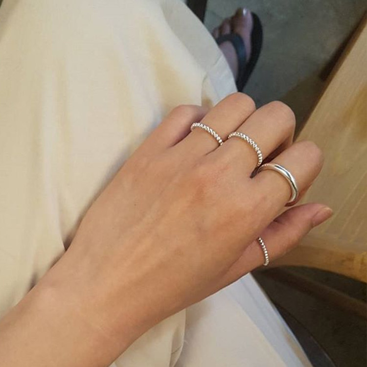 S925 Pure Silver Extremely Simple South Korea Transit Pearl Bean Bean Small Round Ball String Beads Aperture Large forefinger Girlfriends Fine Ring Female