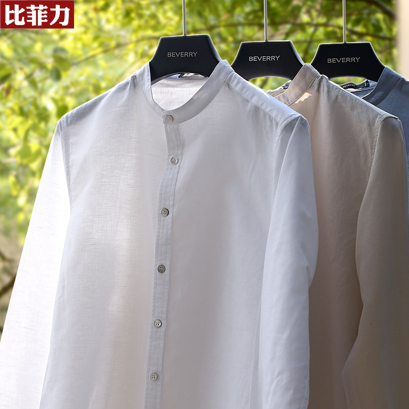 Chinese style men's stand-up collar shirt Men's linen long-sleeved Korean slim spring and autumn handsome cotton and hemp round neck white shirt tide