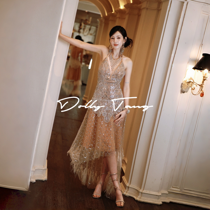 Dollytang Luxury Heavy Beaded Sequin Feather Dress Halter Neck Backless Robe Birthday Gown