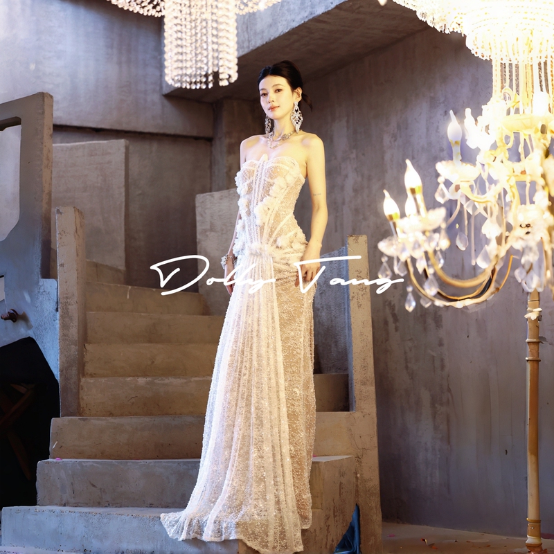 Dollytang Duojia [Xuedu] Designer Heavy-Duty Fishbone Sequin Dressing Gown with Three-Dimensional Floral Low-Waist Dress