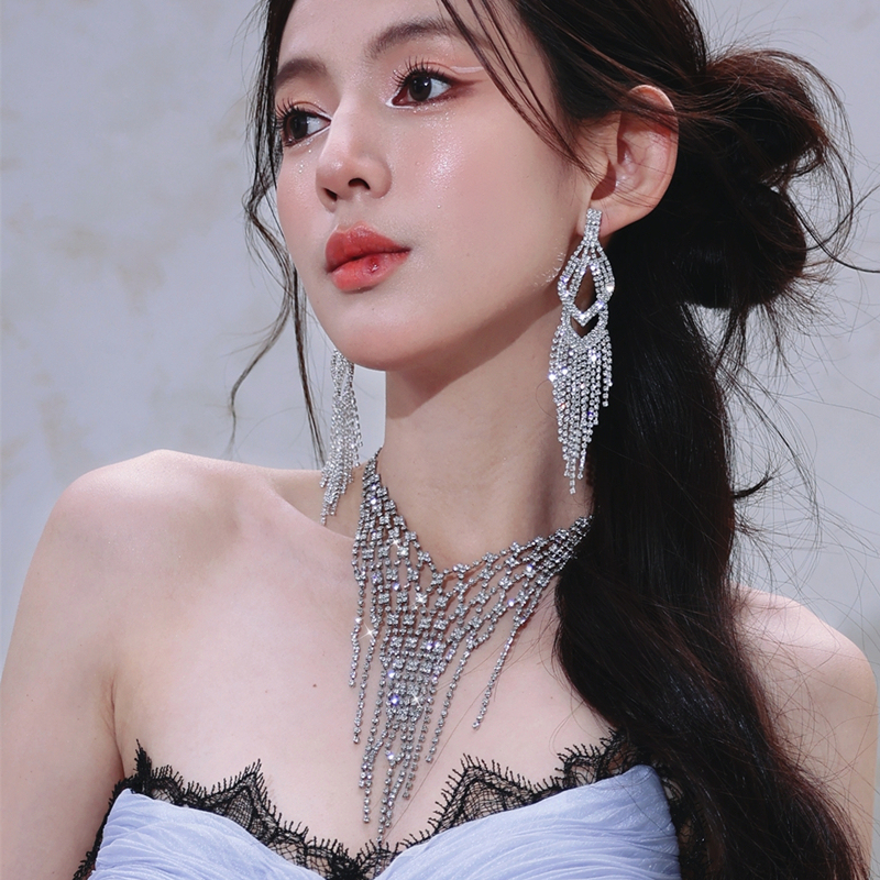 Dollytang Duojia Luxurious Sparkling Full Diamond Necklace Irregular Tassel Collarbone Chain Earrings Women's Dress Accessories