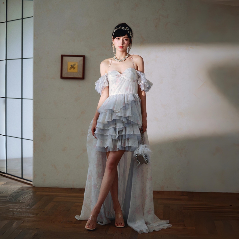 Dollytang White Mist Rose Three-Dimensional Ruffle Halter Dress Puffy Birthday Dress Mini Dress