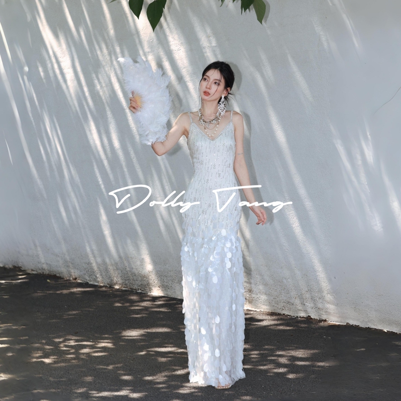 Dollytang Duojia Daytime Mermaid Princess Fine Glitter Sequin Strap Dress Luxurious Scale Party Dress