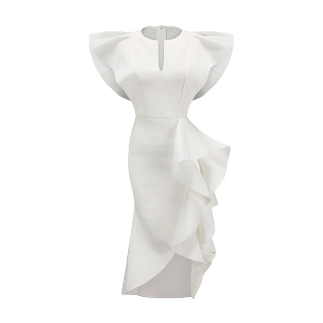 Small white French dress niche design three-dimensional ruffled irregular hem slim fit hip dress