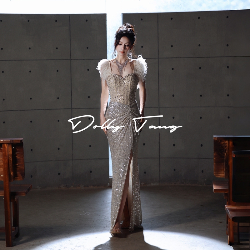 Dollytang [Feather Falling Stars] Luxurious Heavy Beaded Feather Robe with Sparkling Sequins and Fishbone Dress