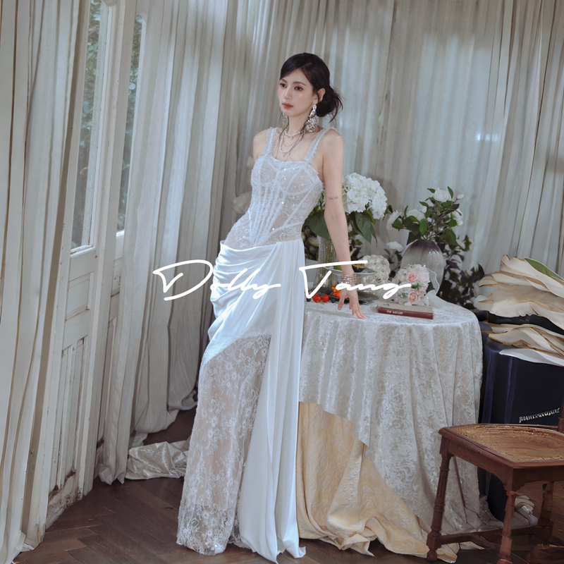 Dollytang [Kali] Heavy-Duty Fishbone Dress Greek-Style Fine Shimmer Lace Satin Dressing Gown Dress