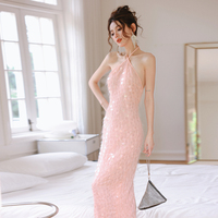dollytang Duojia fairy pink sequined halterneck dress high-end sparkling feather birthday dress small dress