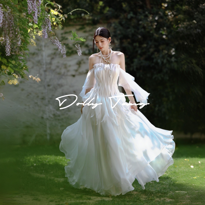 Dollytang Duojia [Dolphin] Fragmented and Flowy Strapless Dress Handmade Pleated Morning Gown Light Formal Dress