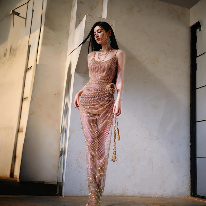 Dollytang Wild Rose Sparkling Sequin Ruched Waist Cutout Backless Dress Party Mini Dress