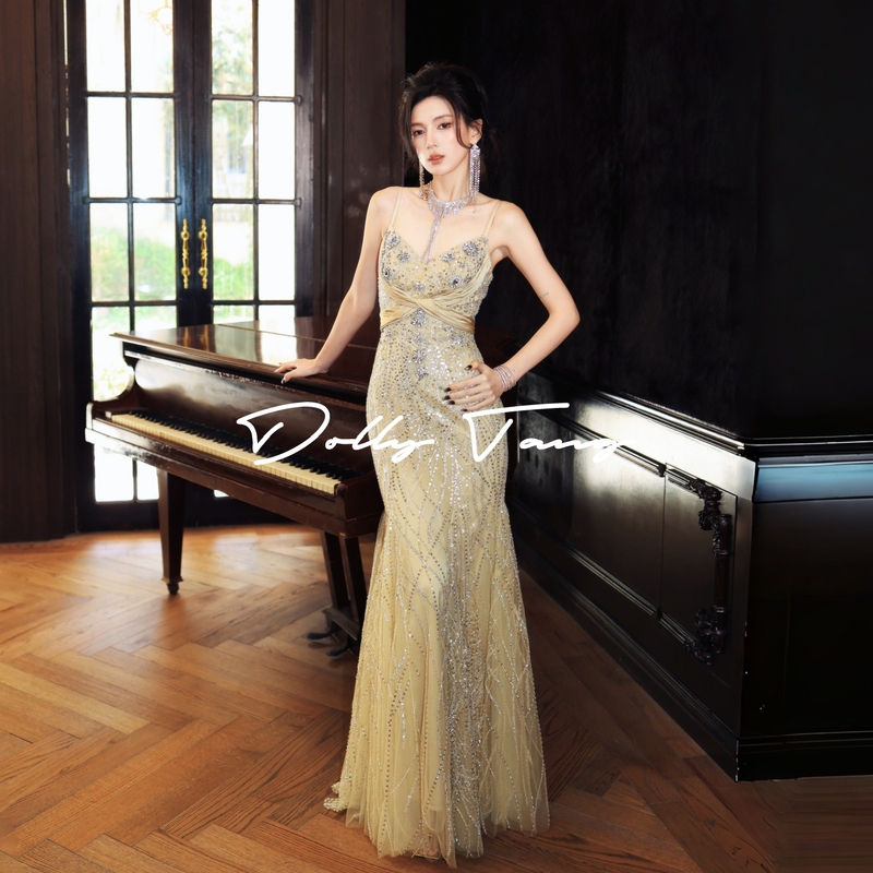 Dollytang Duojia【Heir】Luxurious Heavy-Duty Rhinestone Strap Dress with Dazzling Sequins Light Evening Gown
