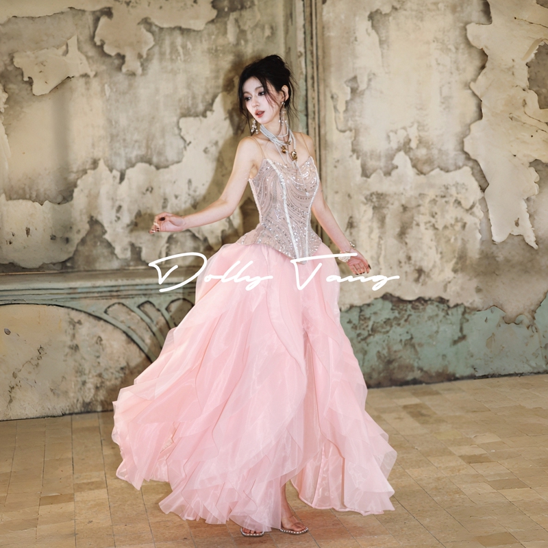 Dollytang [Lillian] Heavy-Duty Sparkling Faux Two-Piece Dress with Three-Dimensional Ruffles, Morning Gown, Formal Dress