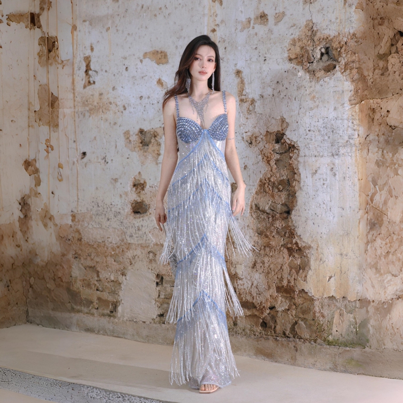 Dollytang Dujia Daughter of the Sea Luxurious Sparkling Sequin Tassel Dress Heavy Rhinestone Mini Dress