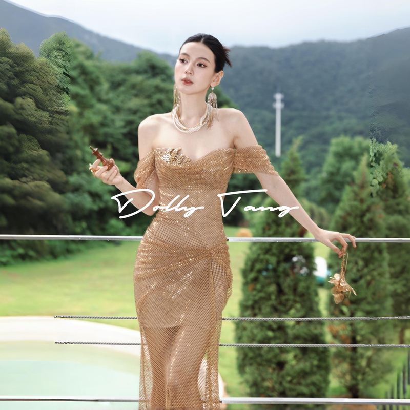 Dollytang Duojia Gold-Plated Legendary Sparkling Sequin Ruched Waist-High-Lightening Dress Party Mini Dress