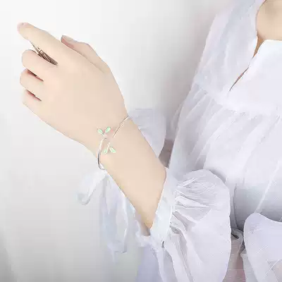 S925 sterling silver bracelet girl Korean version of opening leaves Forest Leaves Green Bud Bud Cat's Eye Stone Xiaoqing novice