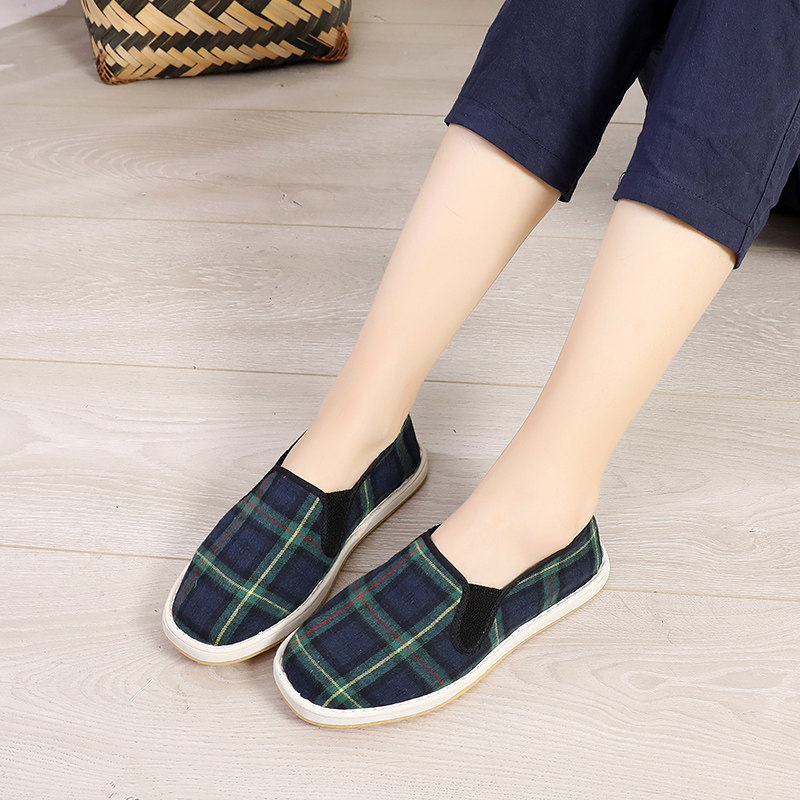 Middle-aged mother shoes blue plaid handmade foam bottom flat breathable casual spring and autumn cloth shoes female elderly shoes female