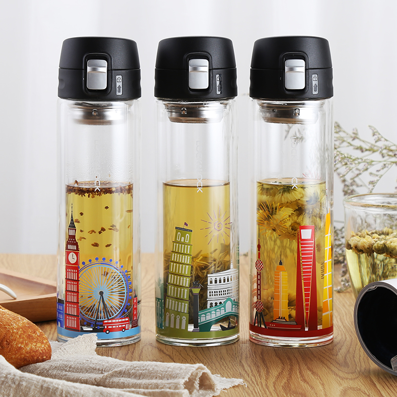 Lock and lock heat-resistant double-layer glass water cup one-button city painting creative cup LLG663 capacity 350ml