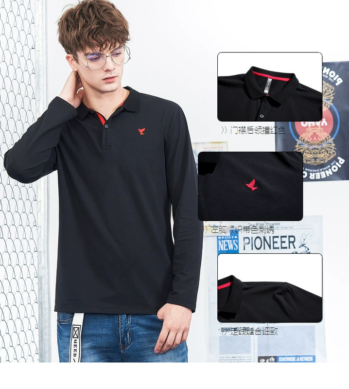 Áo thun nam tay dài 2018 mùa thu Lapel POLO Áo mở rộng Roadr Loose National Trend thêu áo sơ mi nam