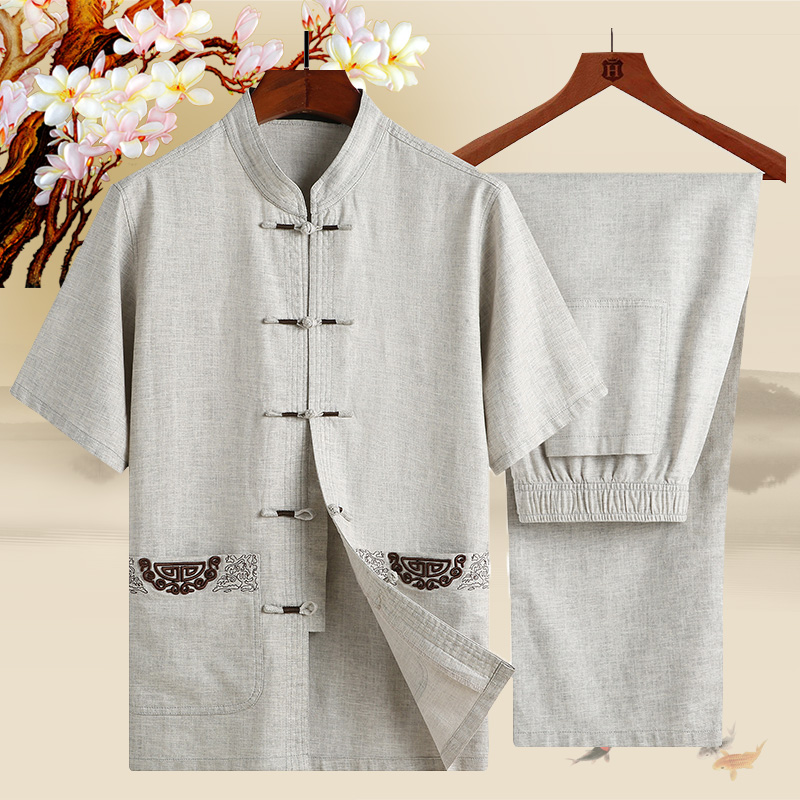 Trung quốc phong cách thêu thêu linen ngắn tay Tang phù hợp với thiết lập người đàn ông trẻ của mùa hè khóa Trung Quốc trang phục dân tộc