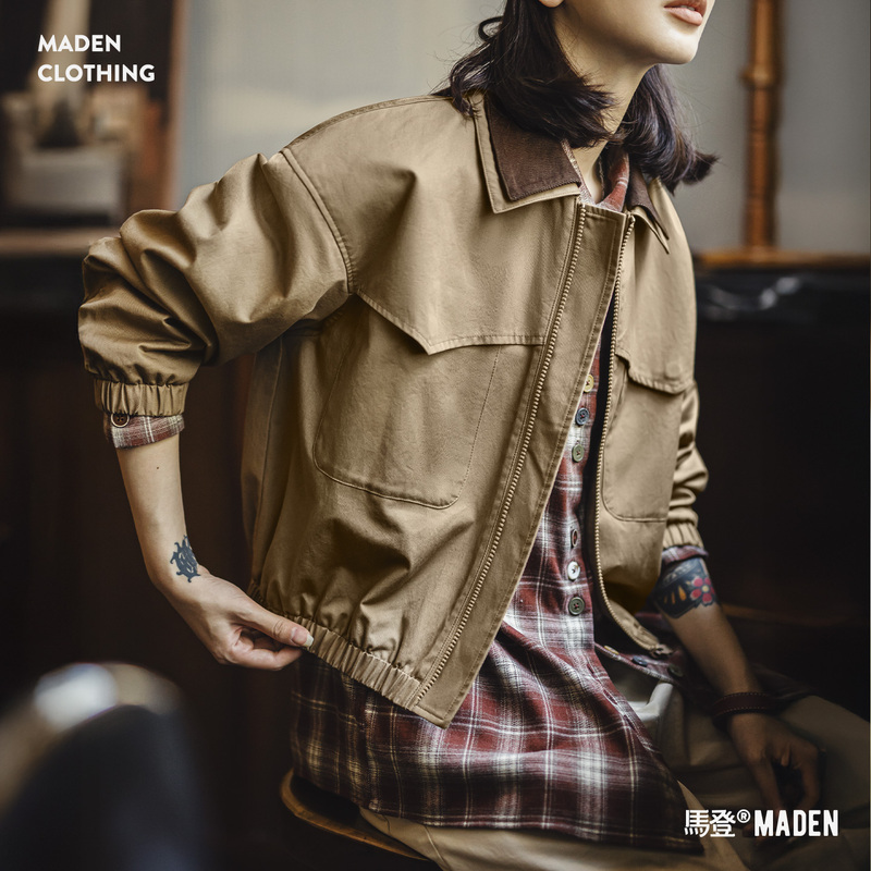 Madden Retro Barn-Style Corduroy Color-Blocked Lapel Short Waist-Cinching Work Jacket American High Street Style Women's Spring Jacket