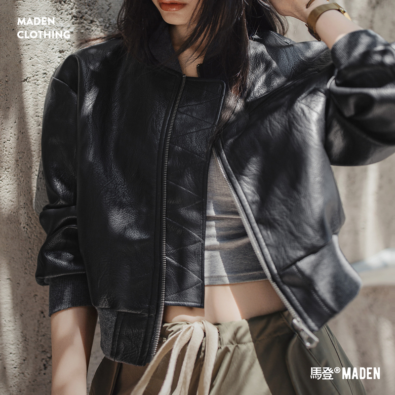 Madden American-Style Black Aviator Baseball Crew Neck Short Biker Pu Soft Leather Jacket for Women Spring