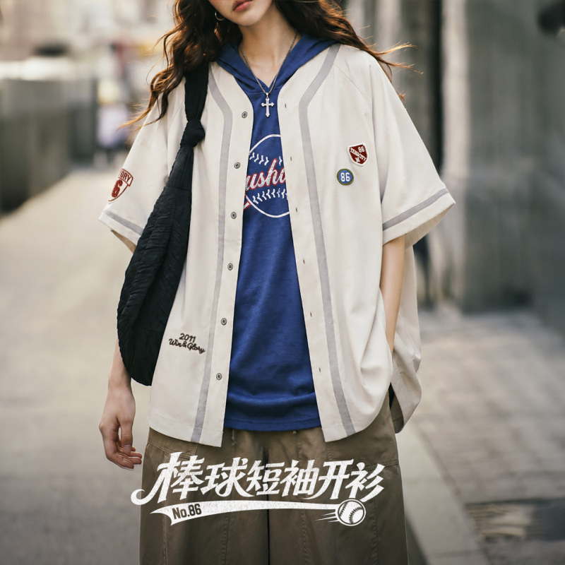 Madden American Retro Baseball Uniform Short-Sleeved Cardigan Five-Quarter Sleeve Loose Street Dance Shirt Niche Baseball Top Women's Summer Madden American Retro Baseball Uniform Short-Sleeved Cardigan Five-Quarter Sleeve Loose Street Dance Shirt Niche Baseball Top Women's Summer
