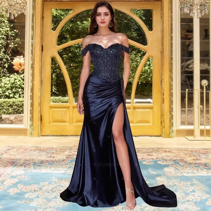 9A Blue Satin Ball Gown Strapless Off-Shoulder Slit Evening Dress Pleated Robe for Special Occasions 9A Blue Satin Ball Gown Strapless Off-Shoulder Slit Evening Dress Pleated Robe for Special Occasions