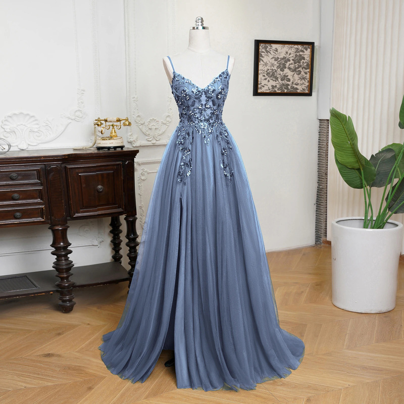 9A Gray-Blue Suspender Evening Dress 2026 New Style Prom Party Dress French Lace Appliqué Puffy Gauze Skirt