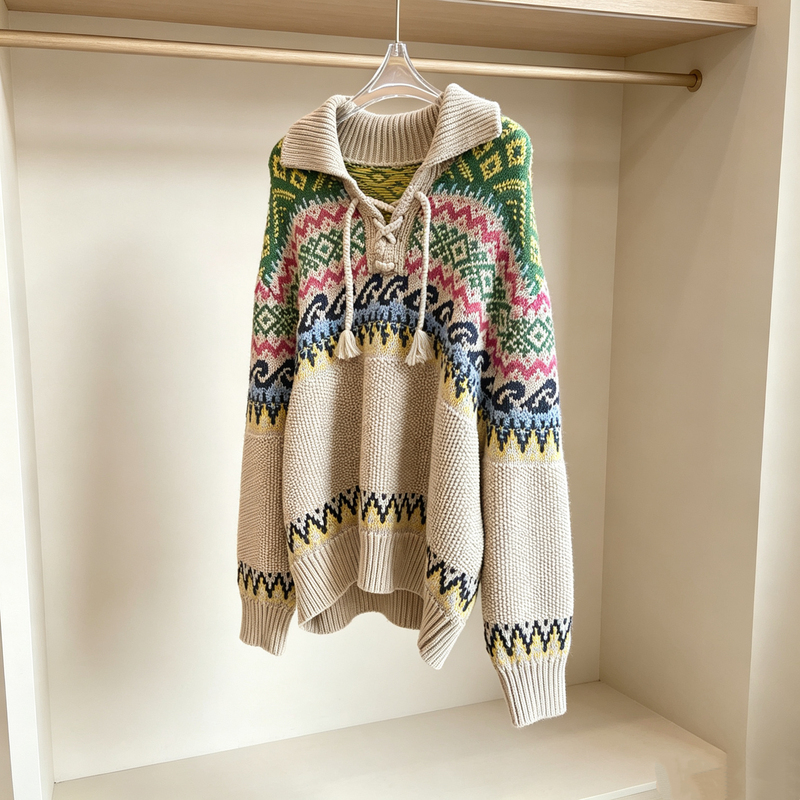 High-Quality, Same-Source Channel Goods, Fair Isle Pattern, Drawstring Women's Thick Sweater Knitwear 00808 High-Quality, Same-Source Channel Goods, Fair Isle Pattern, Drawstring Women's Thick Sweater Knitwear 00808