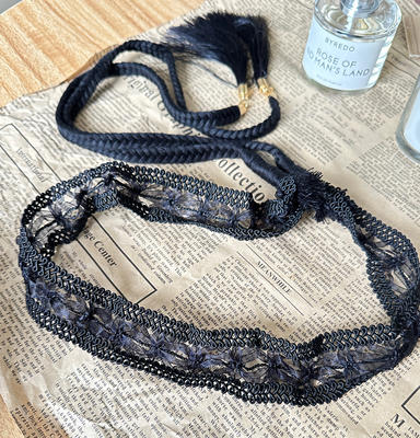 Lace-trimmed black woven belt, tassel, versatile hair band, dress decoration, knotted waist chain