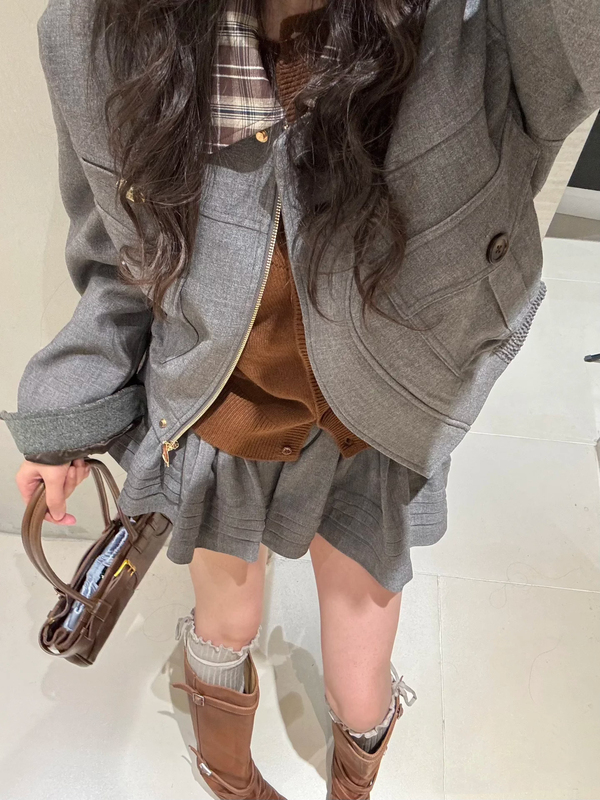 Gray Suit for Women, New Gray Short Coat, Preppy Style Brand Classic Wool Jacket