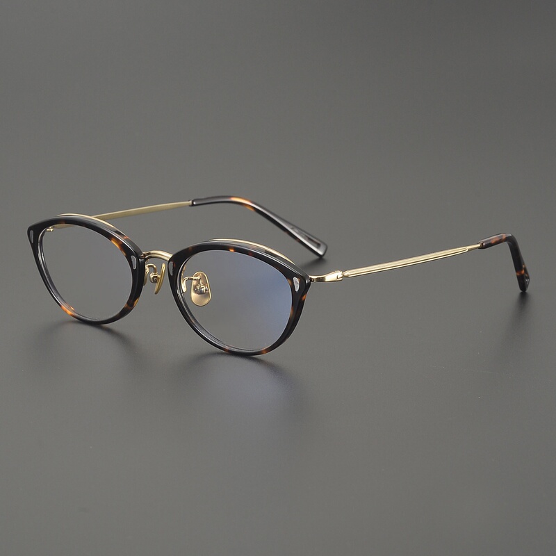 Japanese Ultra-Light Cat-Eye Retro Artistic Personality Acetate Eyeglass Frames Trendy Unisex Pure Titanium Can Be Fitted with Prescription Lenses Tortoiseshell Gold