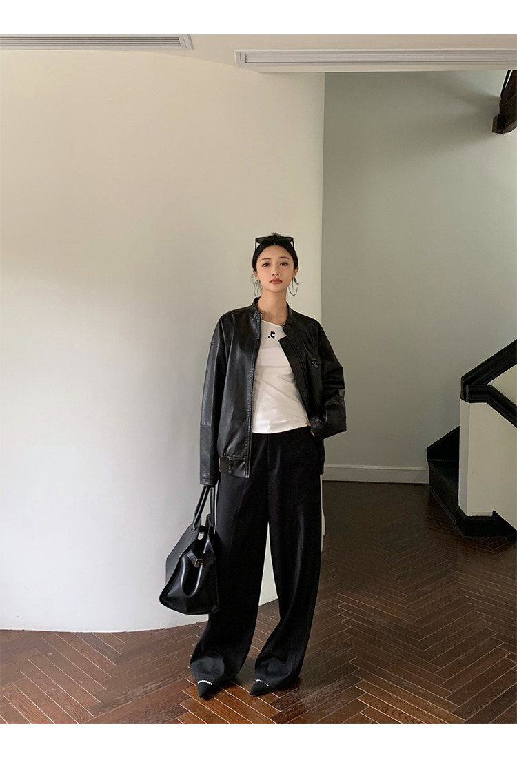 Кожаная куртка 左边女装立领机车皮衣外套2024春装新款复古做旧皮夹克 男女同款 ILEFT