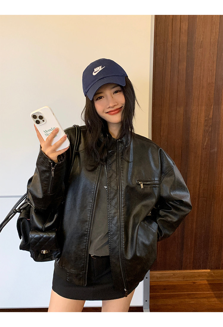 Кожаная куртка 左边女装立领机车皮衣外套2024春装新款复古做旧皮夹克 男女同款 ILEFT